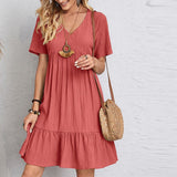 V Neck A-Line Casual Loose Short Sleeve Mini Beach Dress