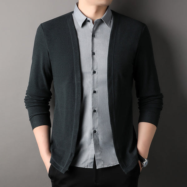 Men's fake two-piece shirt collar knitted cardigan!