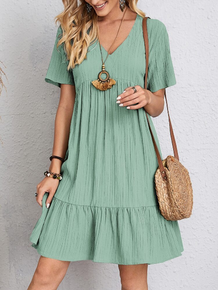 V Neck A-Line Casual Loose Short Sleeve Mini Beach Dress